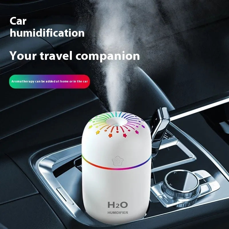 White USB mini humidifier with 300ml tank measuring 75x75x116mm