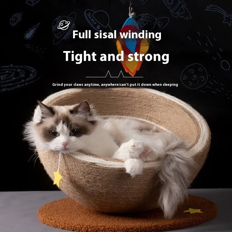 Large integrated cat scratching basin with sisal rope scratching surface and flannel-lined sleeping nest in starlight pattern