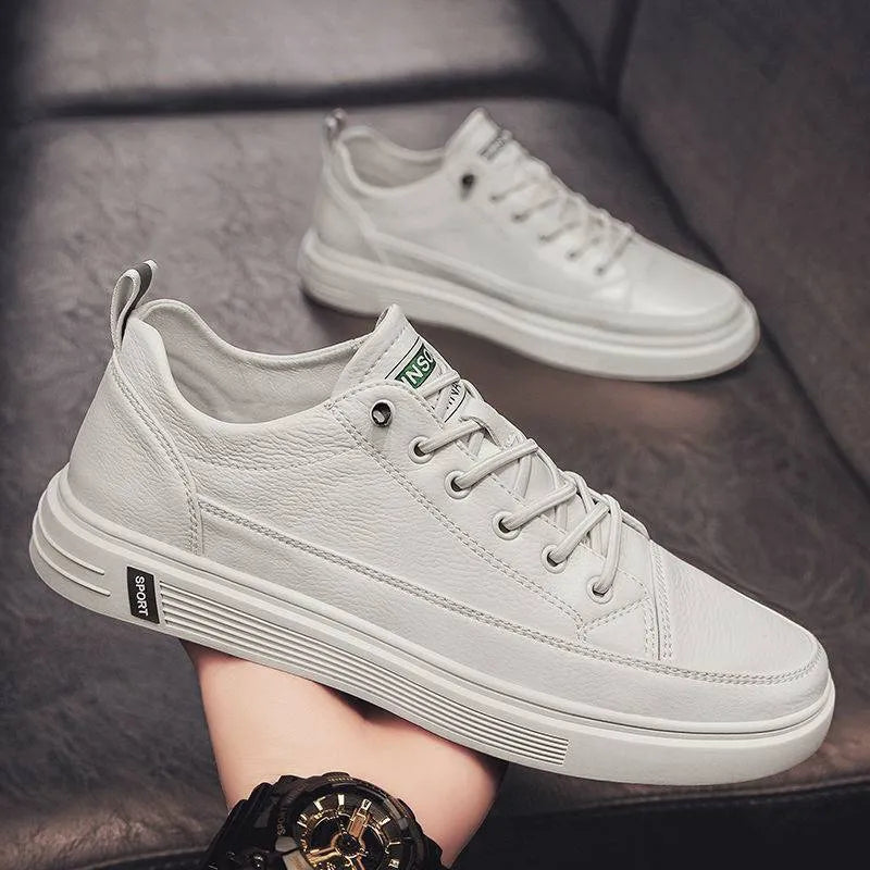 Men's beige casual flat shoes with round toe and PU leather upper