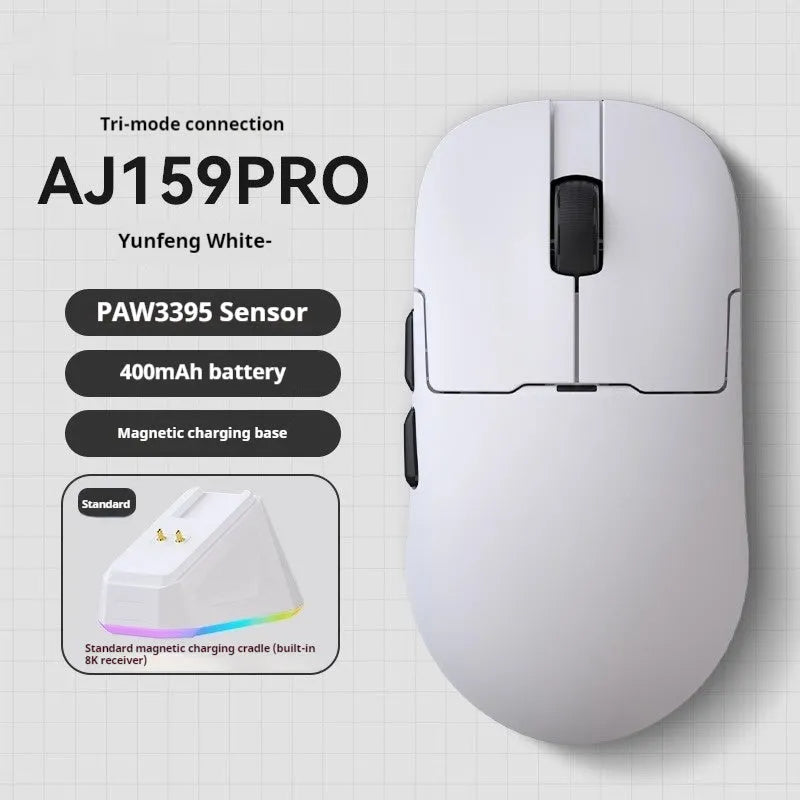 AJ159 white and black gaming mouse with three-mode connectivity on a mouse mat