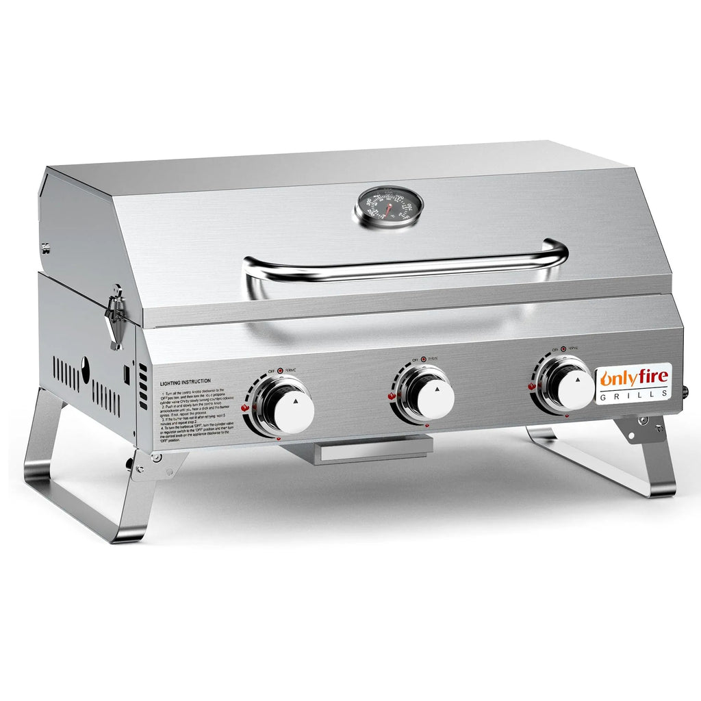 Silver desktop gas barbecue grill with three burners and foldable legs