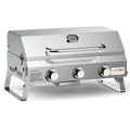 Silver desktop gas barbecue grill with three burners and foldable legs