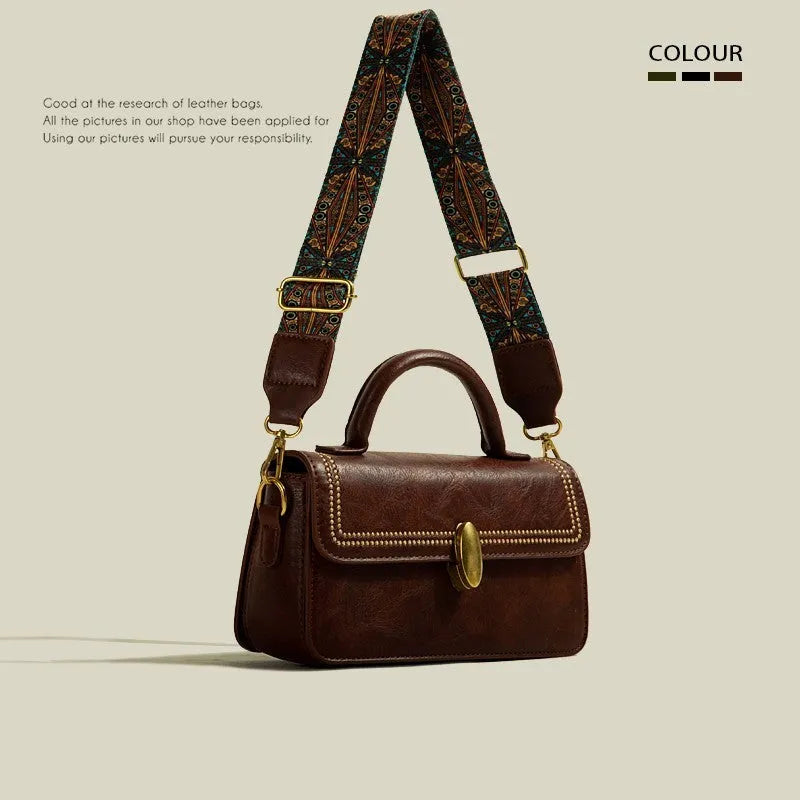 Retro PU messenger bag for women in square vertical shape with sewing thread detail and multiple colour options