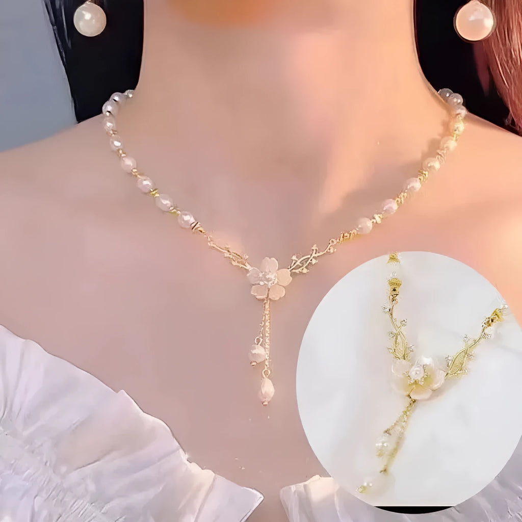 Alloy pearl flower necklace with rose pendant on adjustable chain