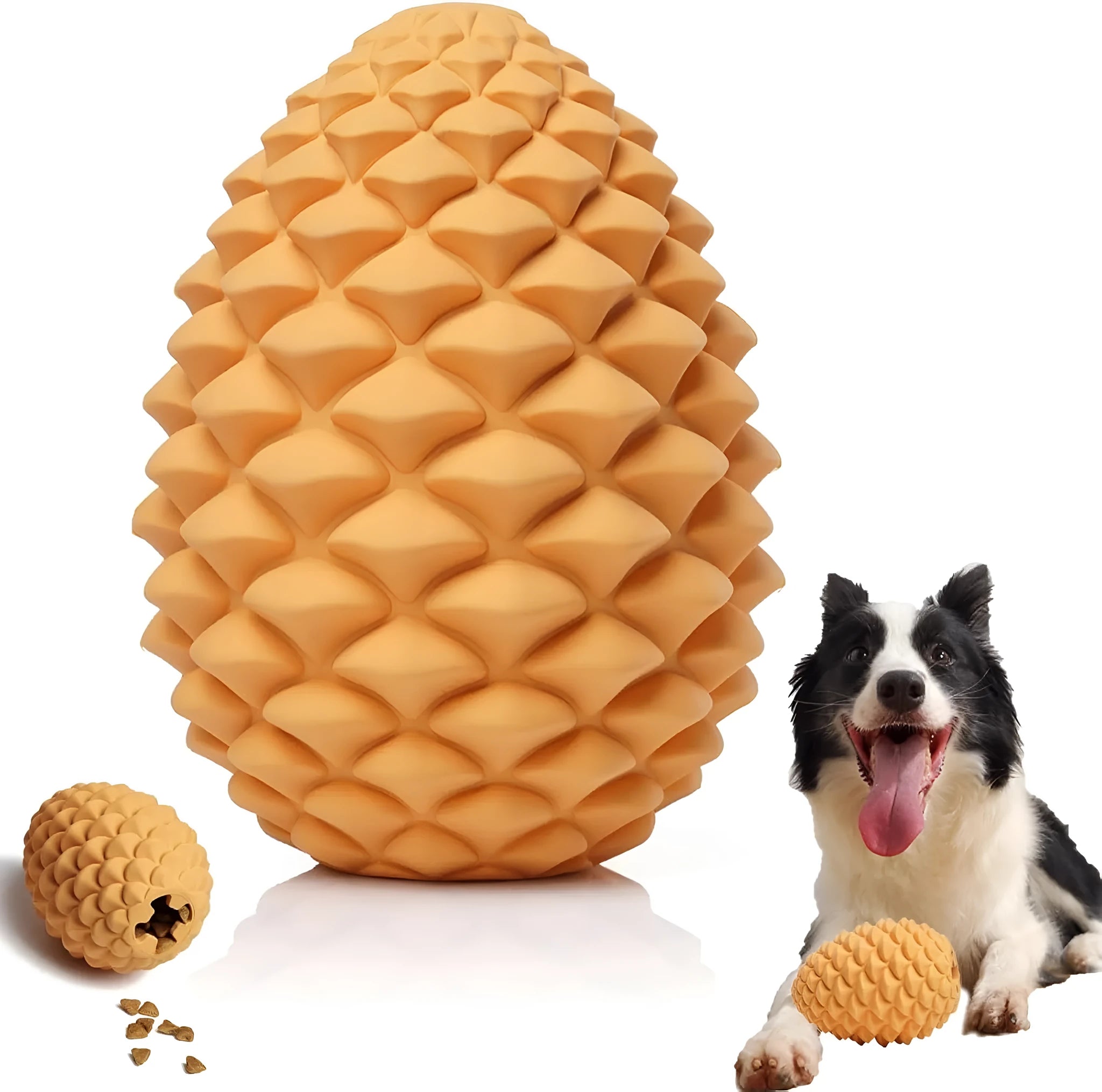 Yellow natural rubber pine cone-shaped dog toy with treat dispenser hole for medium and large dogs.