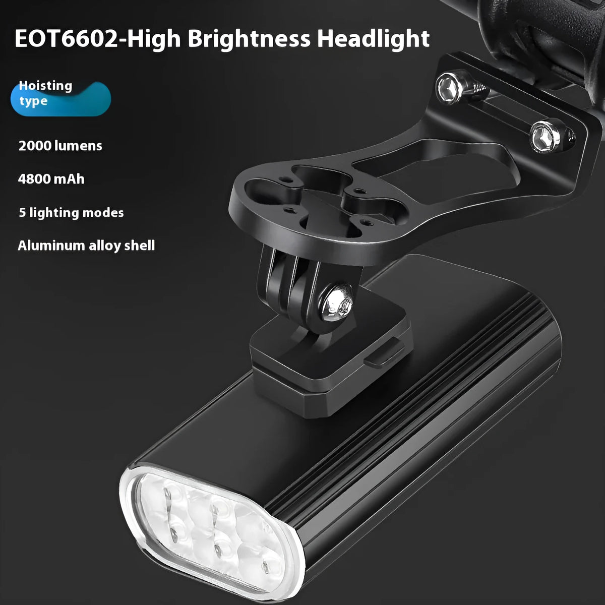 Aluminium alloy bicycle headlight showing front with six XPT lamp beads and mounting base options