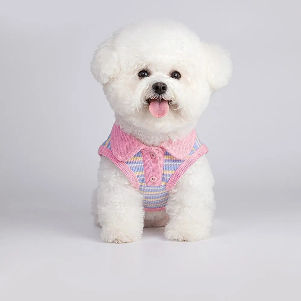 Pink purple soft fleece autumn vest for a small dog or cat, shown with size chart from XXS to XXL.