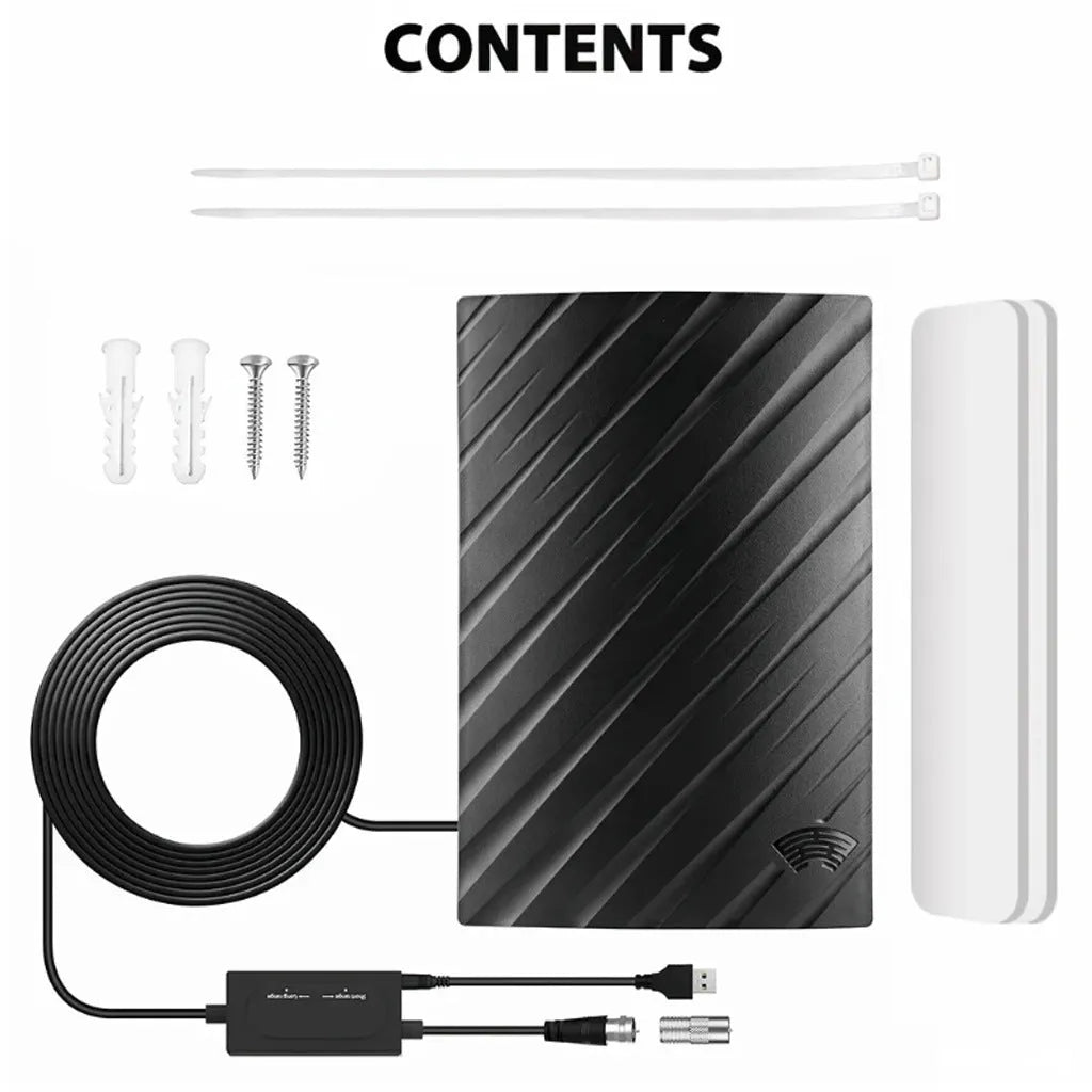 Black plastic HD digital television antenna with mounting screws and adhesive tape.