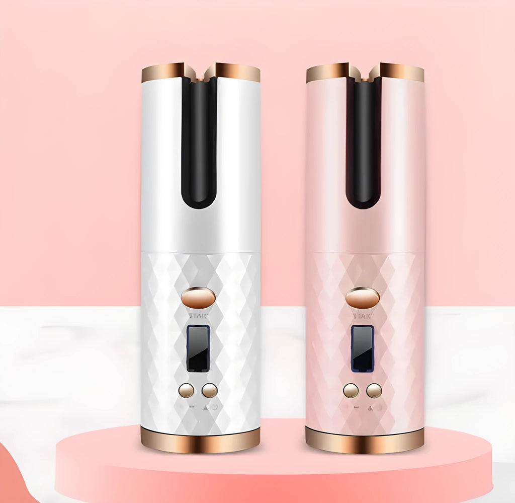Portable automatic wireless USB charging mini curling iron in white, pink or grey with gold ceramic barrel