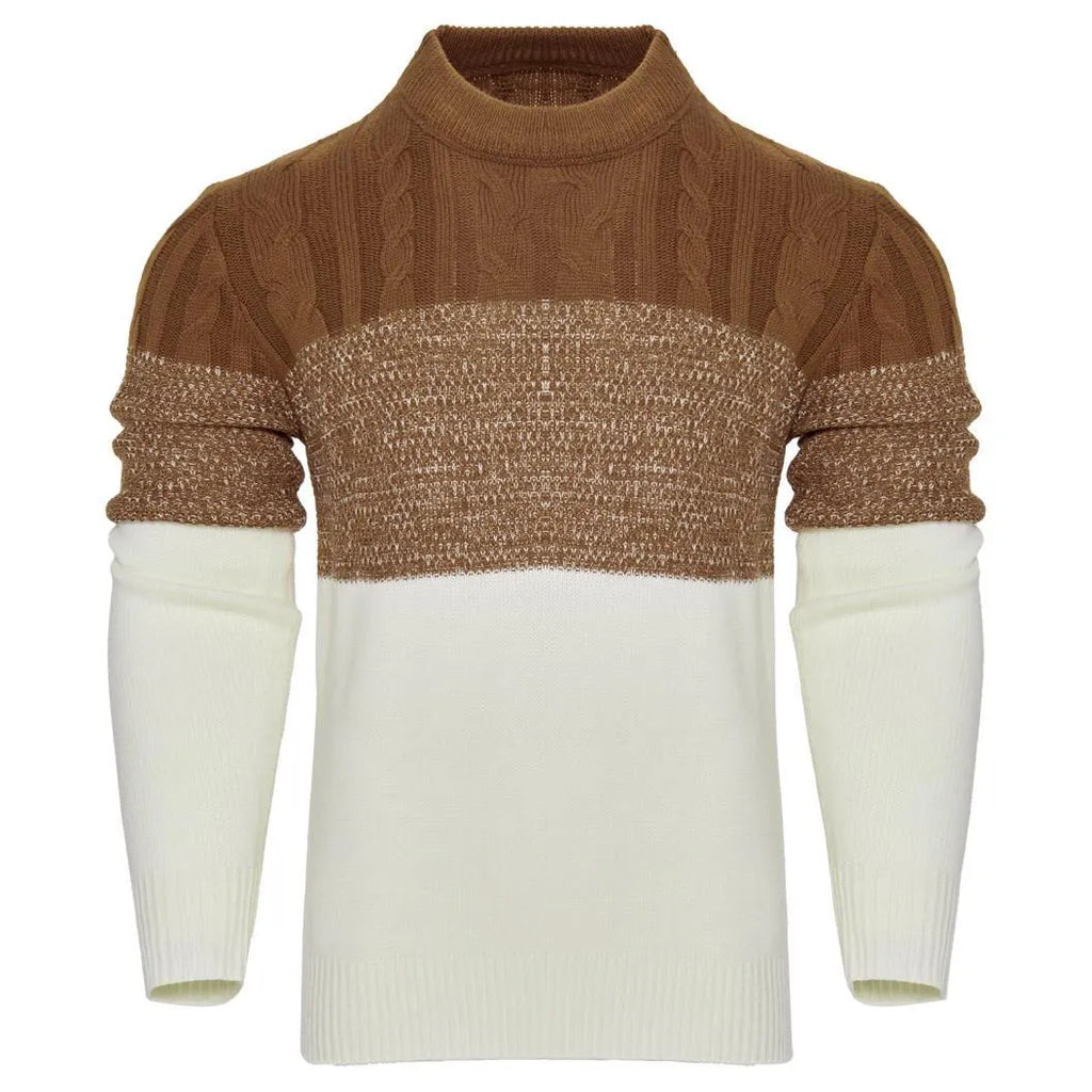 Men's grey knitted pullover sweater with crew neck and long sleeves on a hanger.