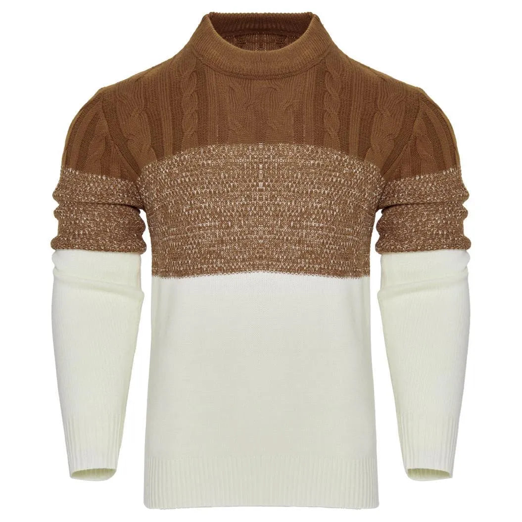 Men's grey knitted pullover sweater with crew neck and long sleeves on a hanger.