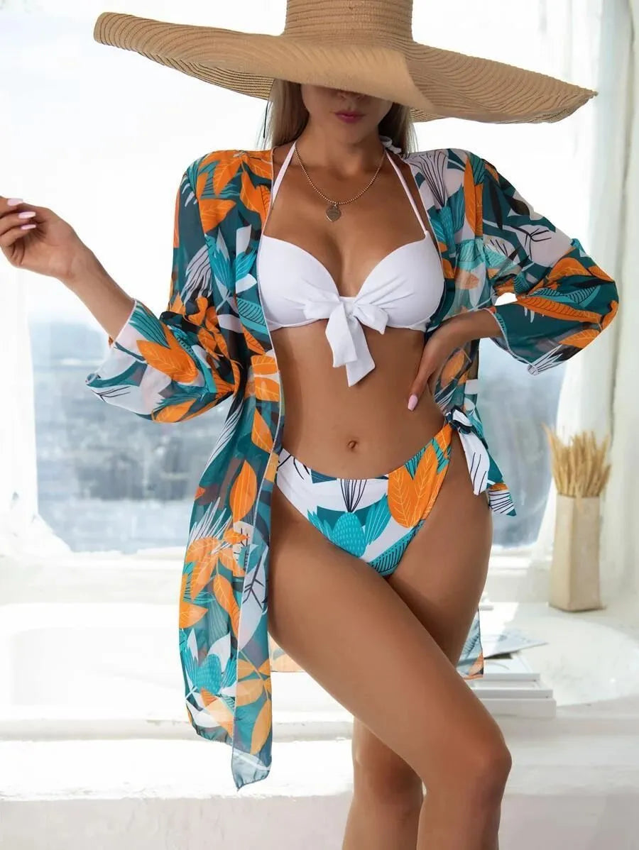 Women's three-piece mesh split bikini swimsuit set with top, pants, and coat in polyester quick-dry fabric