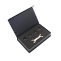 Bluetooth 5.0 automotive tyre pressure monitor kit with four black external sensors, wrench, and anti-theft screws