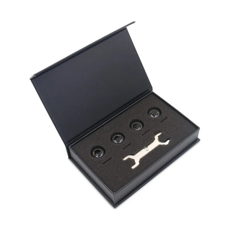 Bluetooth 5.0 automotive tyre pressure monitor kit with four black external sensors, wrench, and anti-theft screws