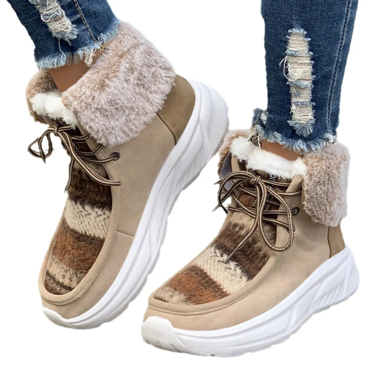 Women's beige lace-up snow boots with suede upper, thick sole, and plush lining