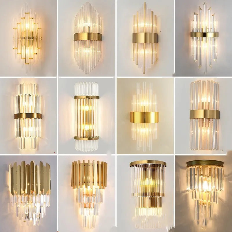 Crystal petal wall lamp with titanium finish in gold or black, E14 fitting for 220V systems