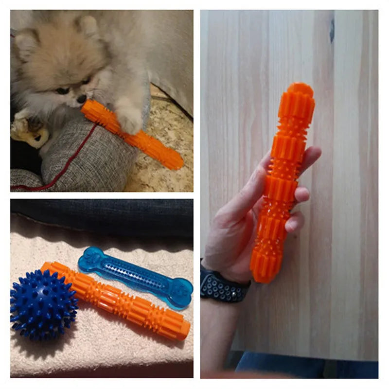 Green and orange durable rubber dog chew toy with textured surface and treat dispensing hole.