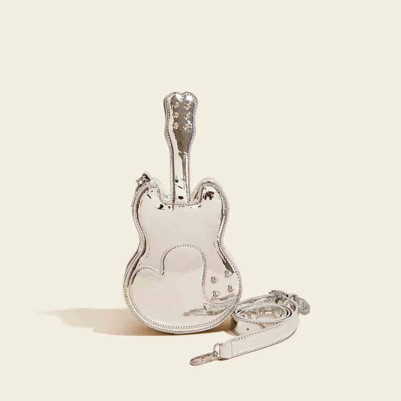 Guitar creative arts crossbody shoulder bag in black, showing front view and adjustable strap.