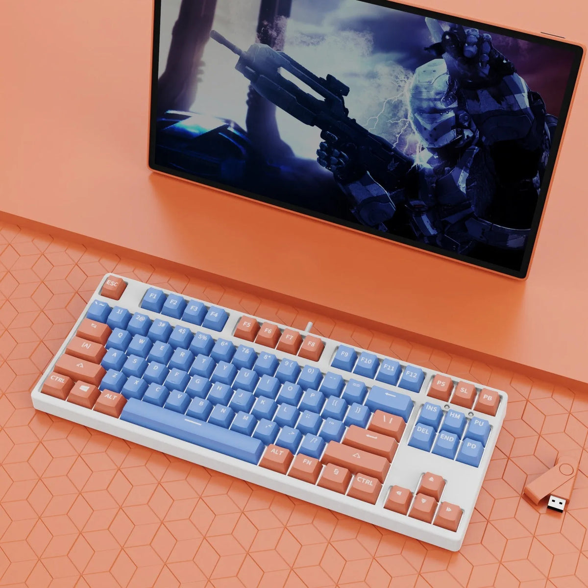 87-key mechanical keyboard with colourful keys on black or white metal chassis