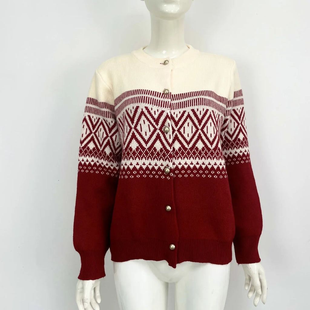 Women's grey alpaca wool cardigan with diamond knit and contrast colour block design
