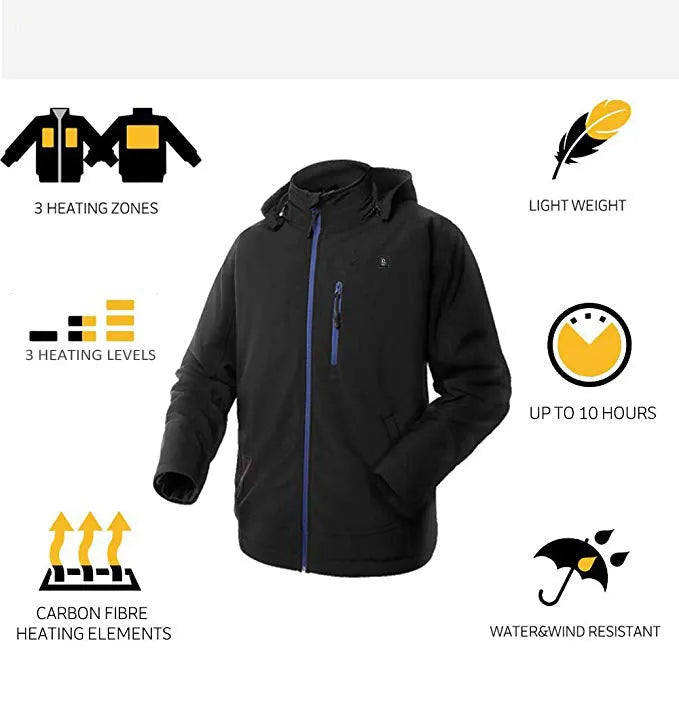 Black men's waterproof winter coat with USB heating port and zipper pockets on a mannequin.