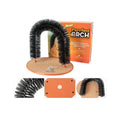 Curved plastic cat arch scratcher with built-in grooming brush bristles for cats to rub against.