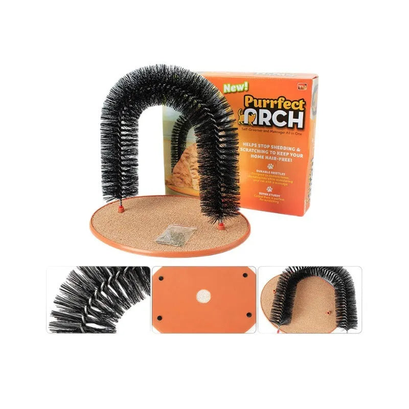 Curved plastic cat arch scratcher with built-in grooming brush bristles for cats to rub against.