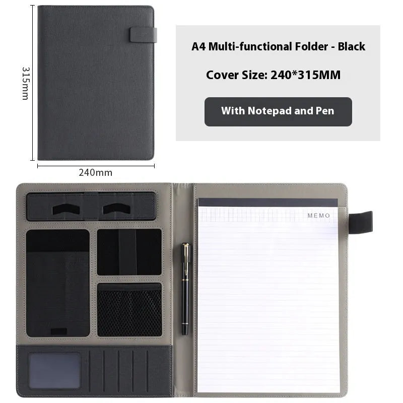 Leather A4 business folder with optional pen and notepad accessories in black colour