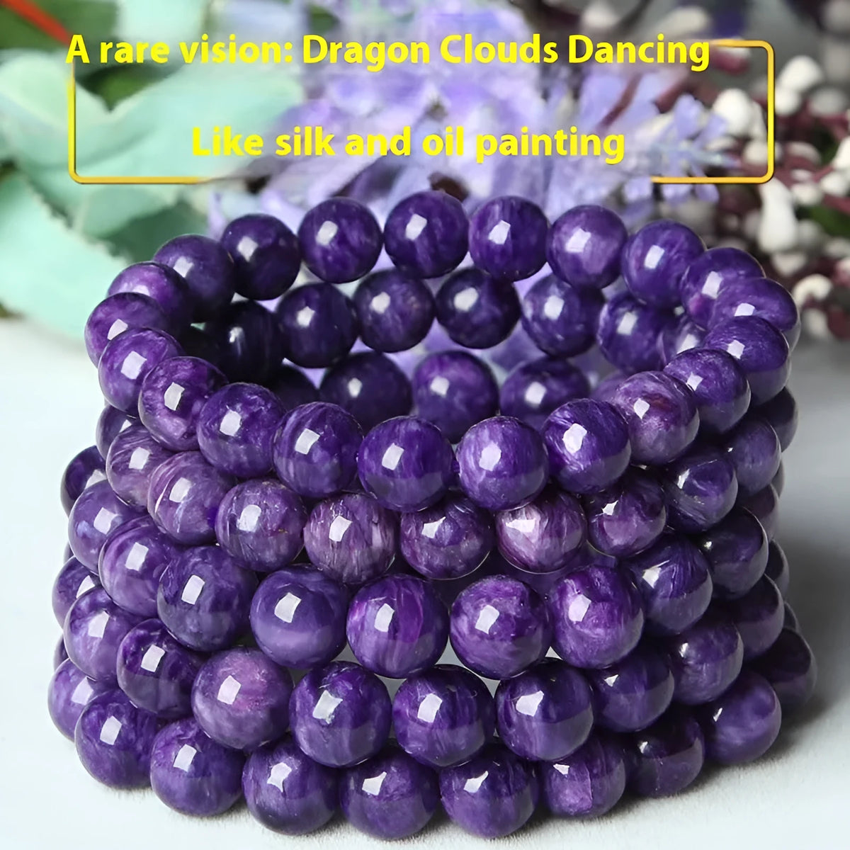 Transparent charoite crystal bracelet with platinum silver-plated components showing bead sizing options