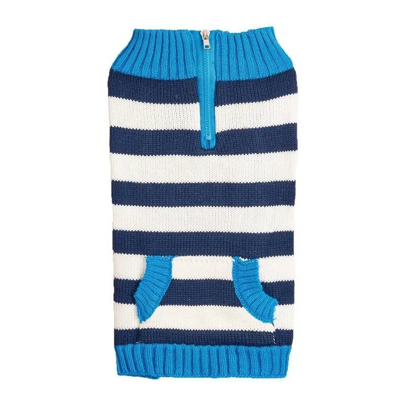 Grey dog sweater with contrast colour horizontal zip and button pockets on a small dog.