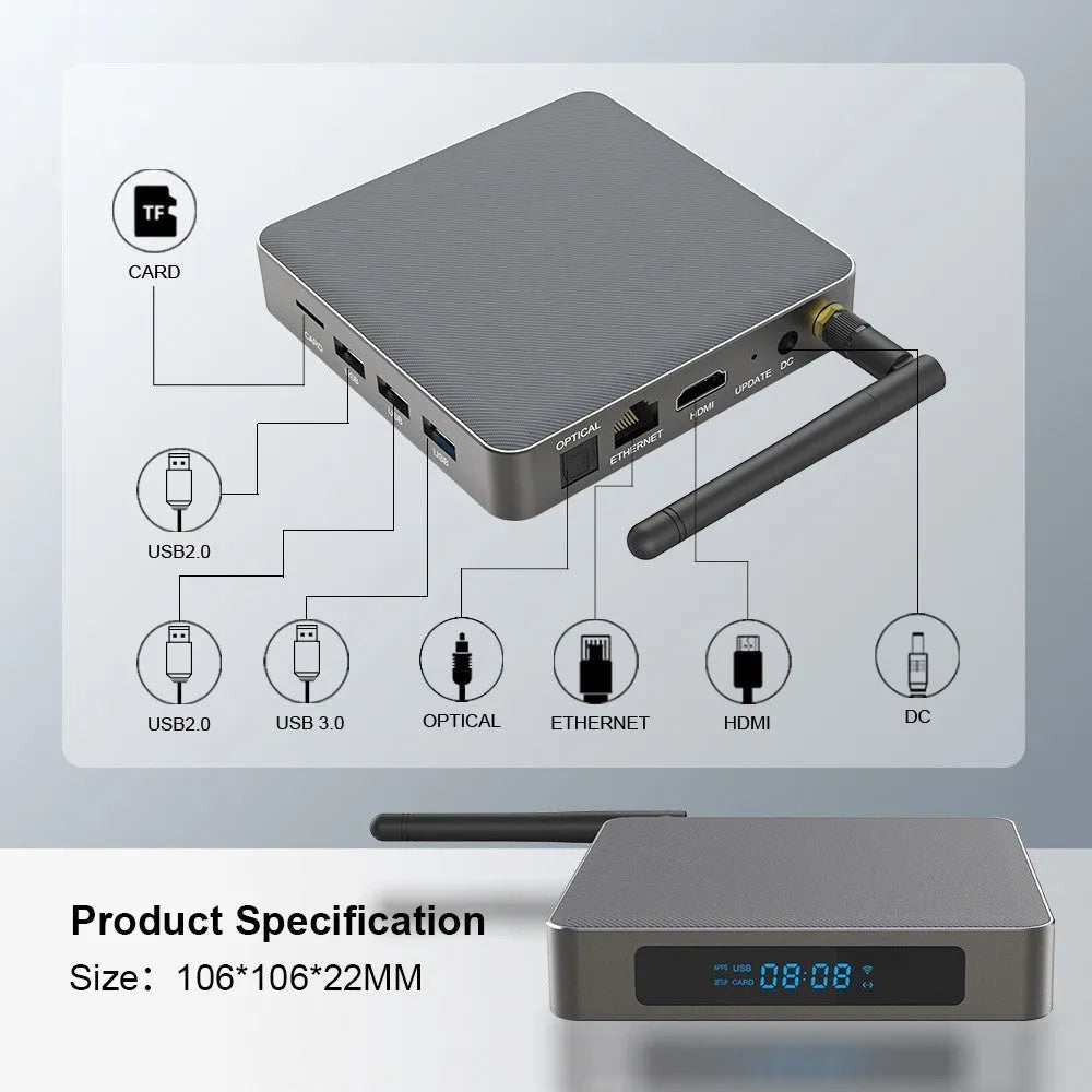Black Android set-top box with HDMI port, measuring 105x105x20mm, beside its remote control and power adapter.