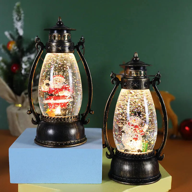 Plastic Crystal ball lamp with light, showing Snowman and Elderly Oil Lamp Christmas decoration designs.