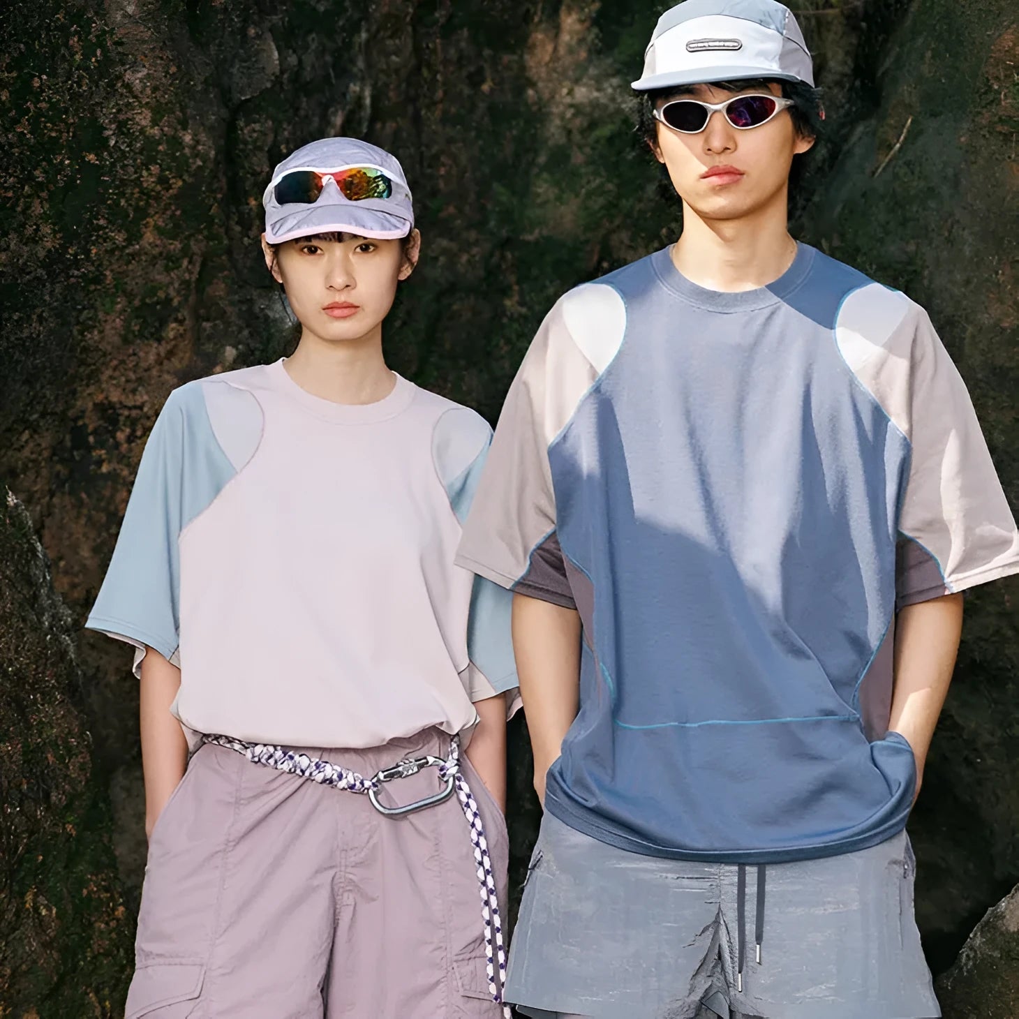 Men's loose fit cotton blend t-shirt in patchwork contrast colour with raglan short sleeves