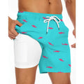 Man wearing loose grey polyester beach shorts, showing sporty casual style.