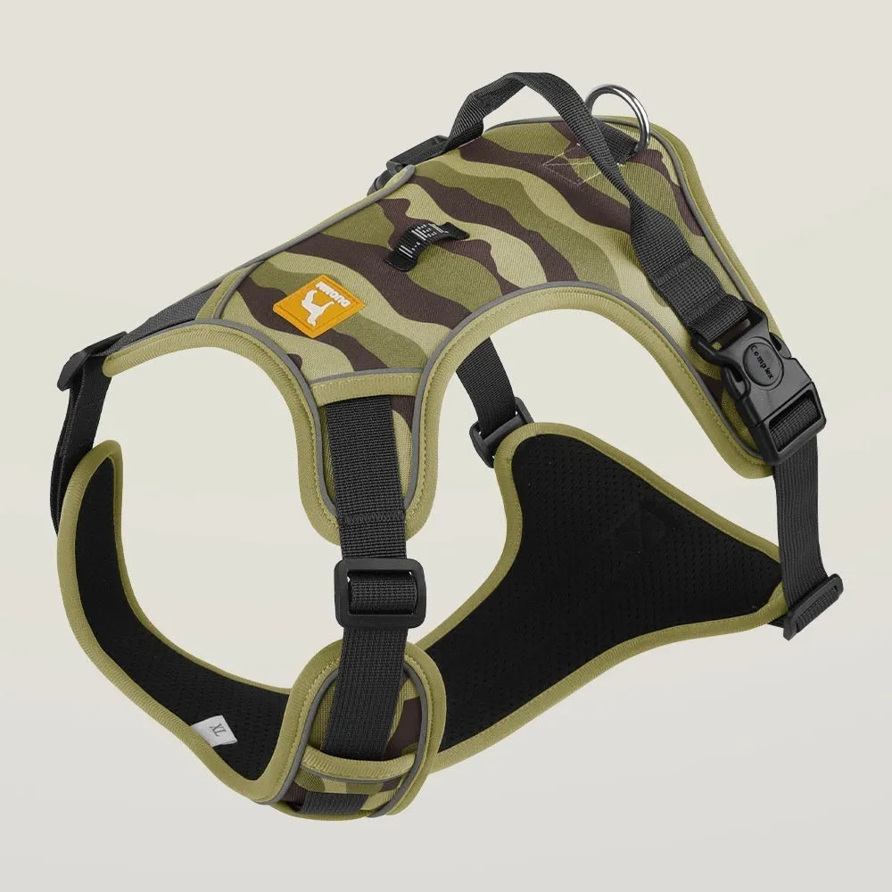 Reflective dog harness with hand holding rope in orange, army green, gray, or chocolate colours