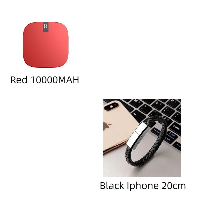 10000mAh mini power bank with LCD display, dual USB ports, and fast input, in red, white, or black.