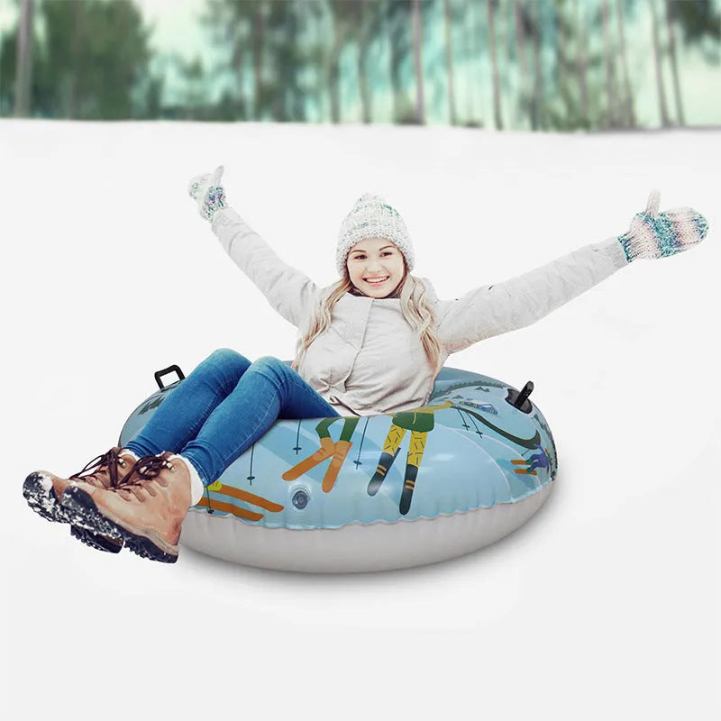 Thick PVC ski ring toy in snow mountain, ice blue, or flame red print for winter decoration.