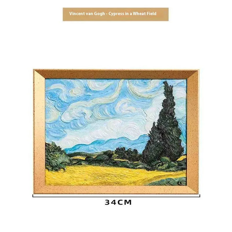DIY filled oil painting kit showing epoxy board, acrylic paint pots, and brushes for Van Gogh Sunflowers artwork.