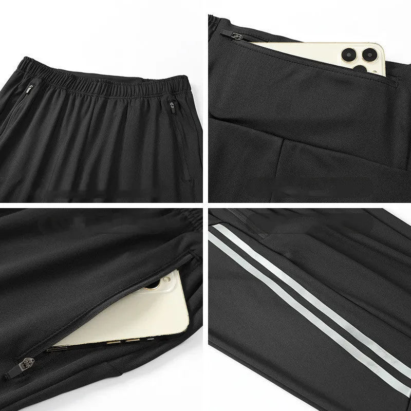 Men's black and navy blue polyester running exercise pants with a mid-waist.