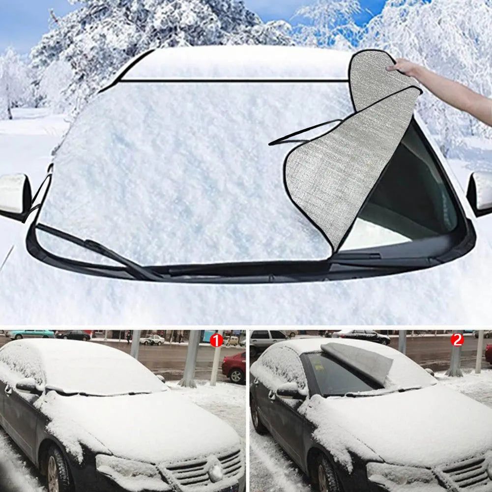 Car front gear snow protection cover showing aluminum film foam polyester fabric construction with lanyard installation system