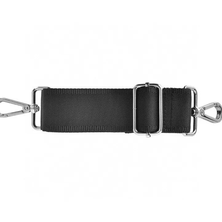 Black oxford cloth laptop handbag showing multi-pocket interior and separate padded computer compartment.