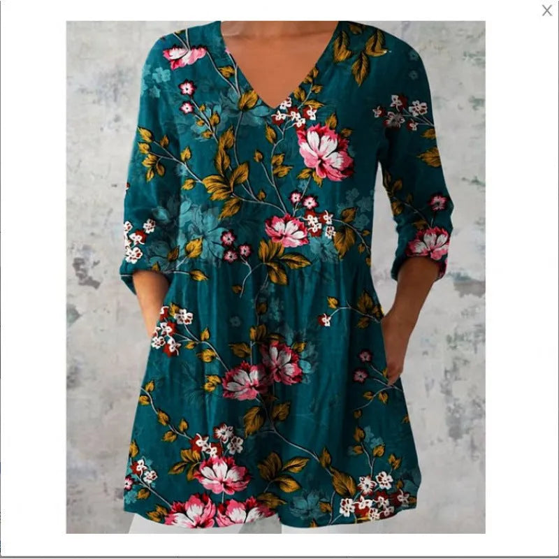 Women's printed wave pattern loose dress with 3/4 sleeves and wide waist design