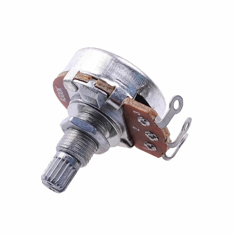 Metal electric guitar potentiometer knob for tone and volume controls.