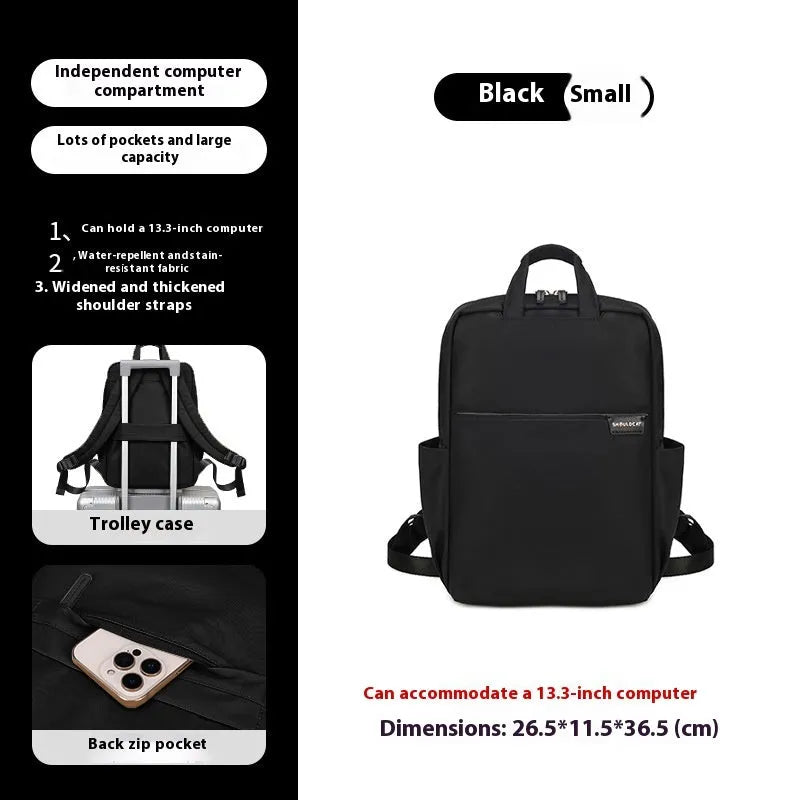 Large canvas travel backpack in apricot colour showing external pocket and urban style.