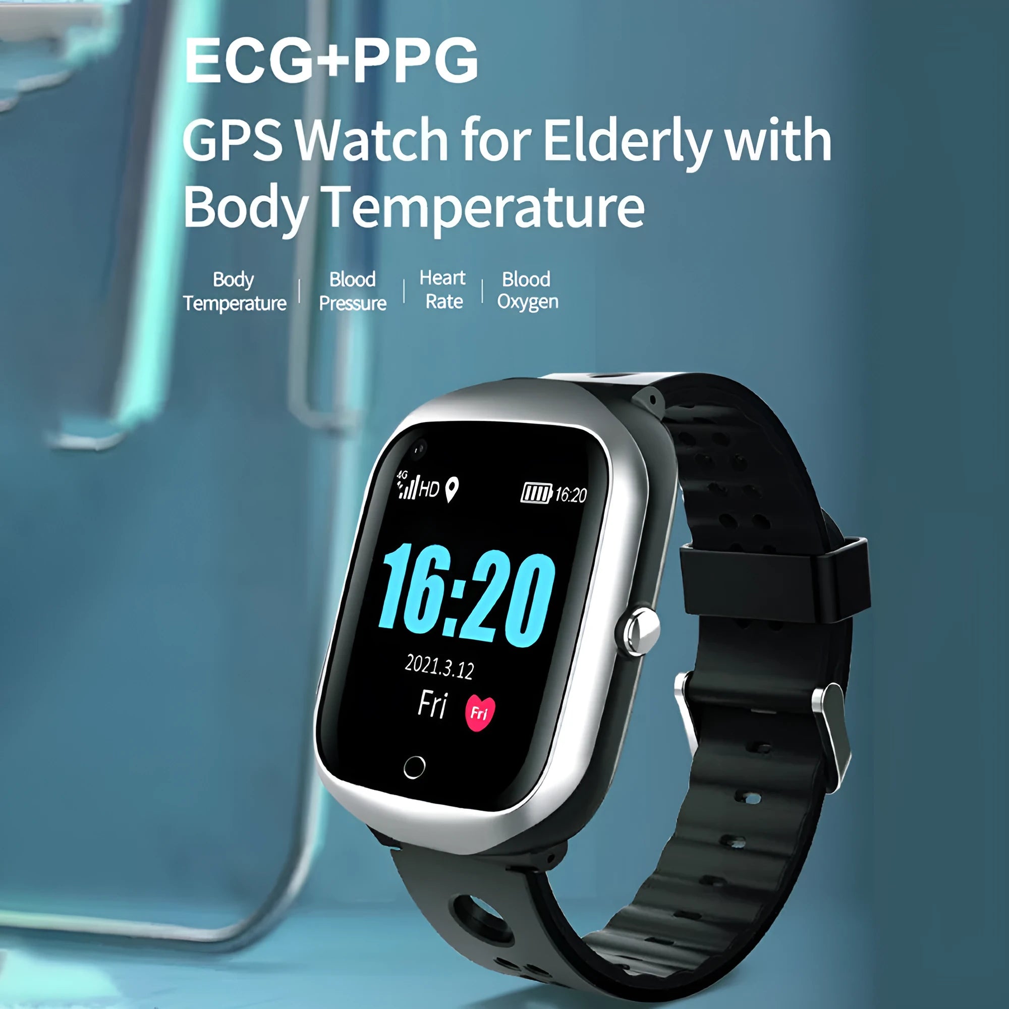Silver intelligent phone watch for elderly with square screen and silicone strap on wrist