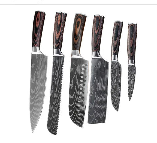 Chef knife with laser Damascus pattern on 7CR17 steel blade and colour steel handle.