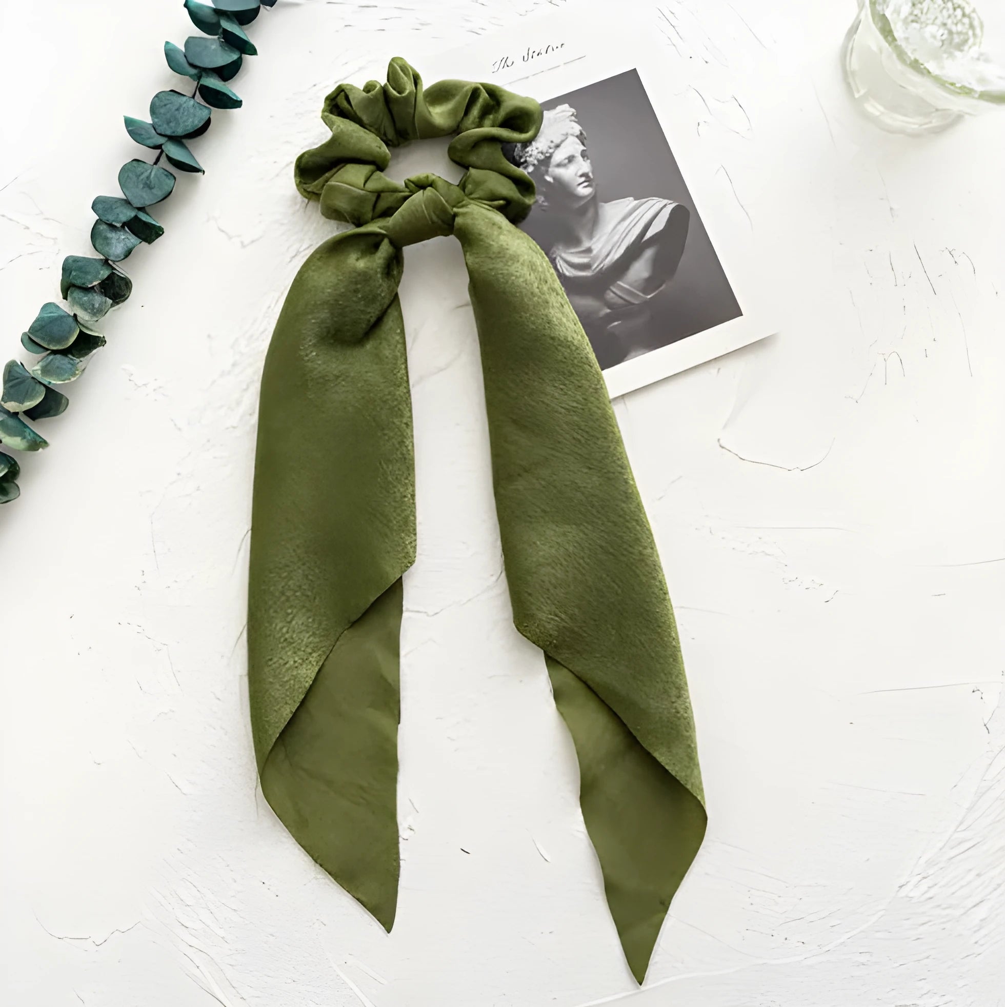 Large floral hair ring with long spring dark green ribbon and cloth bandeau design for women