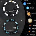 Natural stone zodiac bracelet set showing two beaded bracelets with astrological symbols