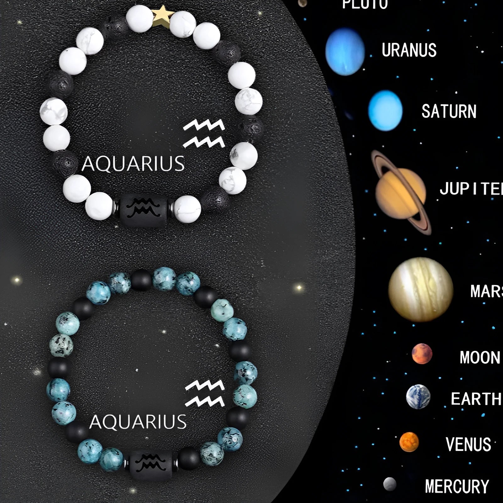 Natural stone zodiac bracelet set showing two beaded bracelets with astrological symbols
