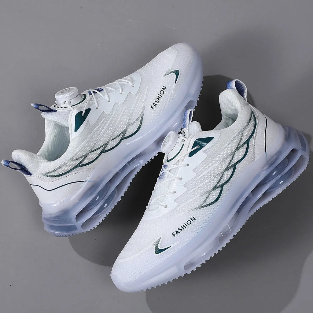 White men's low-top casual sneakers with rotating button on lace-up front and mesh upper.